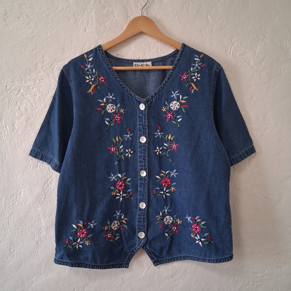 90s embroidered denim button up shirt